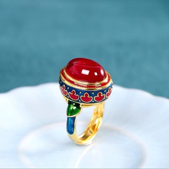 Anthropologie Ethnic Vintage Red Cabochon Enamel Ring - Picture 1 of 6